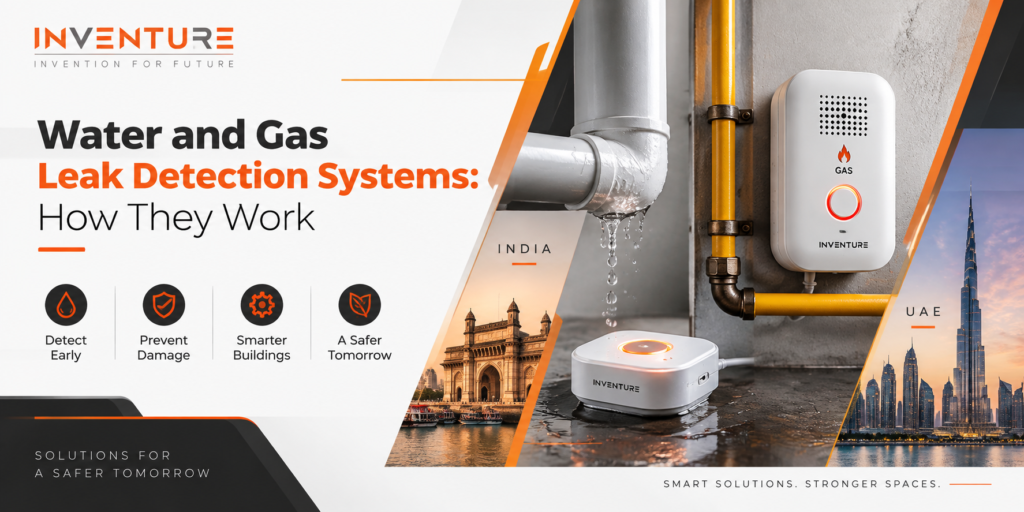 Water and gas leak detection systems with smart sensors for commercial buildings in India and UAE.